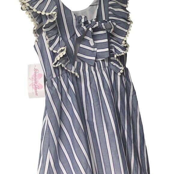 NWT Bonnie Jean Girl’s Blue & White Stripe Summer Dress Back Bow Ruffle Sleeves - Picture 3 of 6